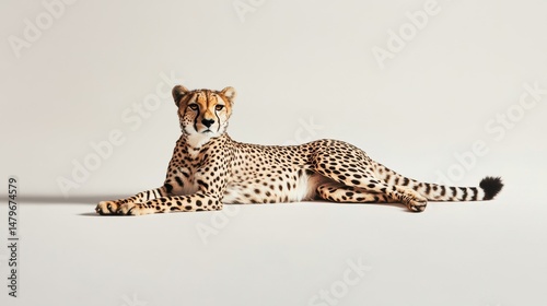 A cheetah rests with soft shadows beneath it, body outlined crisply against a seamless white photo background