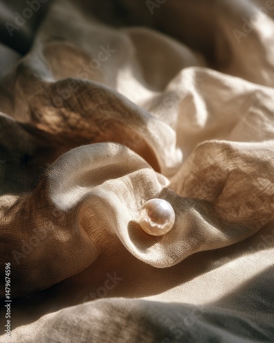 A luminous pearl lies on softly folded fabric, embraced by warm shadows and afternoon light. The mood is tranquil, refined, and emotionally resonant.