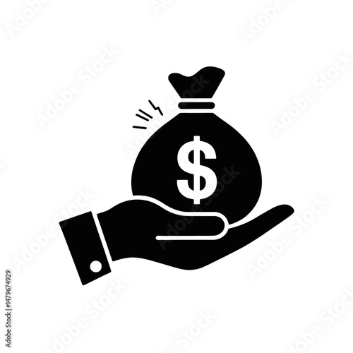 A stylized silhouette depicts a hand holding a money bag, symbolizing financial gain or investment