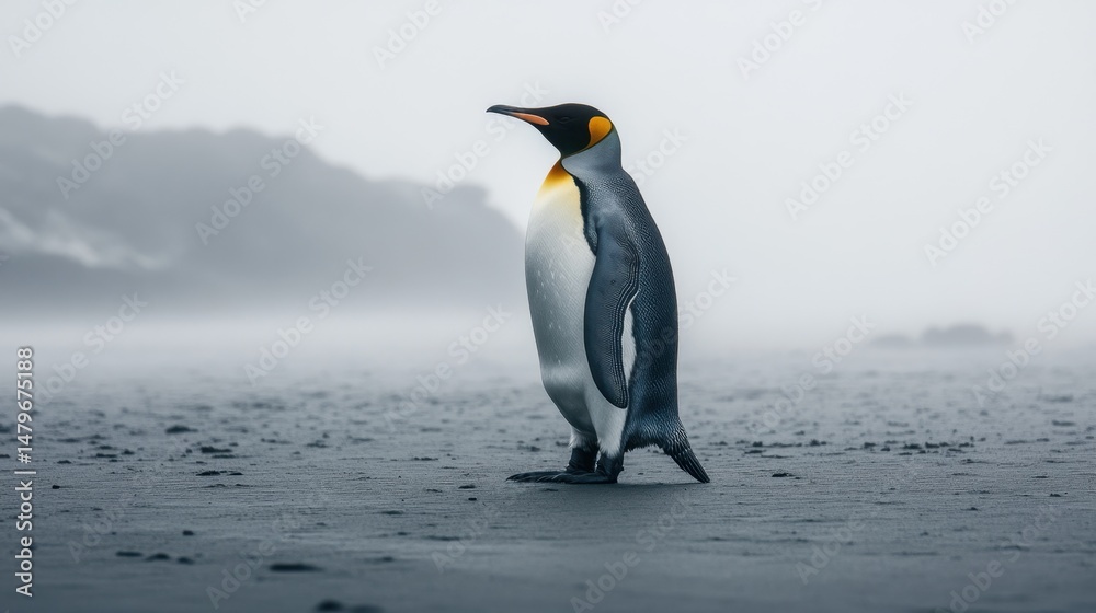 Fototapeta premium A king penguin walks alone under a pale sky, the icy tundra fading into fog around it