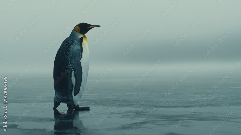 Fototapeta premium A king penguin walks in near silence across an endless stretch of frozen land and drifting mist