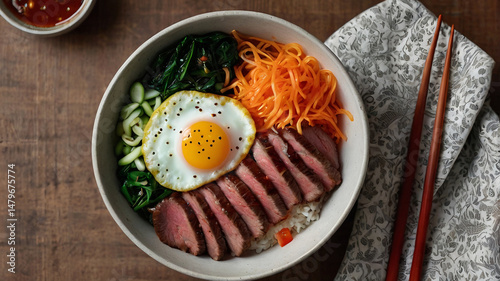 Wallpaper Mural Top down shot of beef bibimbap with gochujang, greens, and egg yolk pop. Ideal for trendy takeout brands, nutrition blogs, or Asian cuisine visuals.

 Torontodigital.ca