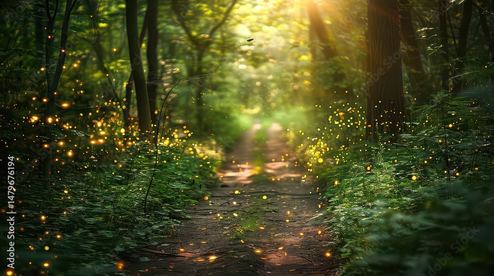 Fototapeta premium A magical forest path glowing with fireflies