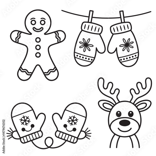 Christmas Coloring Page with Gingerbread Man, Mittens, and Reindeer for Kids