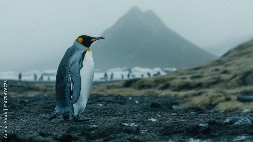 Obraz premium Blurred fog hugs the ground as a king penguin walks slowly over a cracked, icy tundra floor