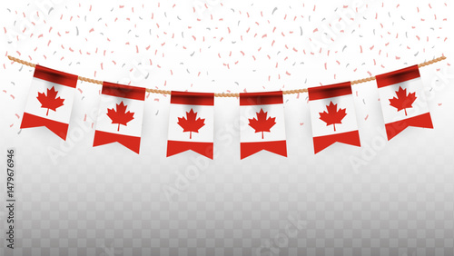 Vector illustration of the country flag of Canada with confetti on transparent background. hanging flag for Independence Day celebration