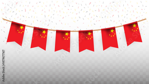 Vector illustration of the country flag of China with confetti on transparent background. hanging flag for Independence Day celebration