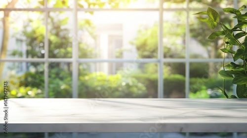 Empty White Marble Table with Green Plant near Window Overlooking Blurred Green Garden Offering Bright Sunlight and Natural Backdrop for Product Display and Mockup