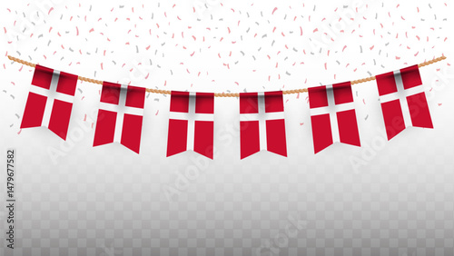 Vector illustration of the country flag of Denmark with confetti on transparent background. hanging flag for Independence Day celebration