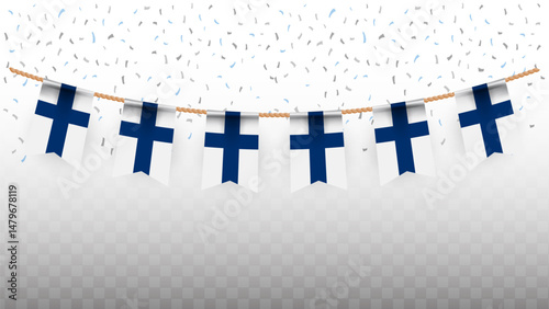 Vector illustration of the country flag of Finland with confetti on transparent background. hanging flag for Independence Day celebration