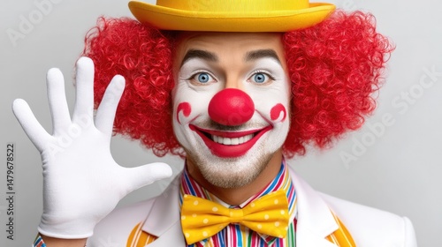 Vibrant clown with red hair and yellow hat extends hand in playful gesture with white glove