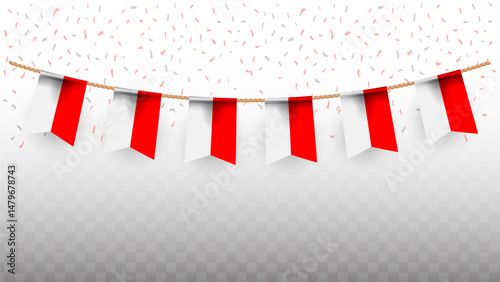 Vector illustration of the country flag of Indonesia with confetti on transparent background. hanging flag for Independence Day celebration