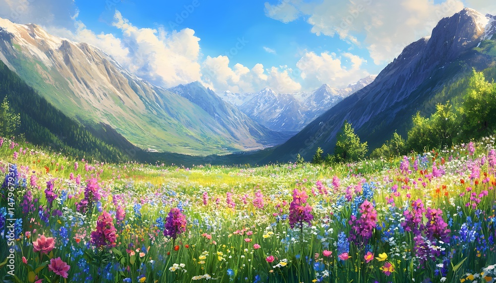 Obraz premium Lush mountain meadow bathed in sunlight and vibrant flowers.