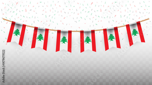 Vector illustration of the country flag of Lebanese with confetti on transparent background. hanging flag for Independence Day celebration