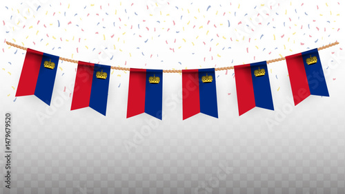 Vector illustration of the country flag of Liechtenstein with confetti on transparent background. hanging flag for Independence Day celebration