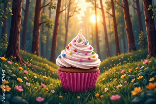 Enchanted Forest Cupcake A Whimsical Pink Cupcake with Sprinkles Nestled in a Sunny Meadow