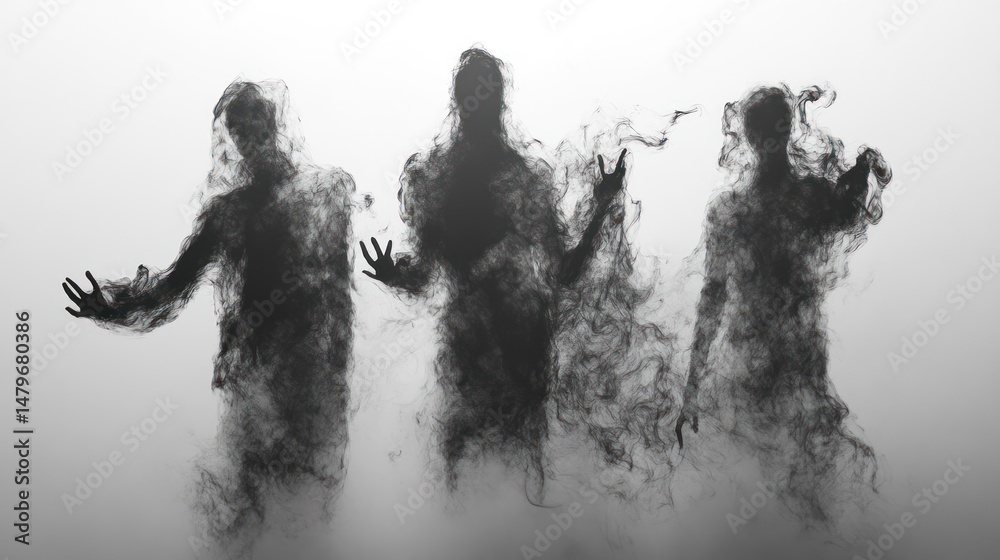 Fototapeta premium Three dark shadowy figures composed of smoke, appearing ethereal and mysterious, against a light gray background.