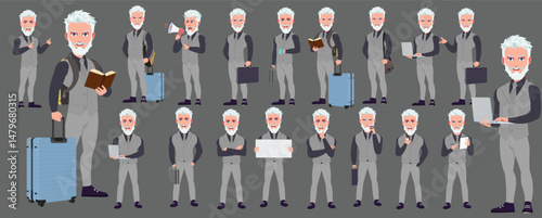Man Character design. Front, side, back view and explainer animation poses. Character set with lip sync and facial expressions of Happy, angry, sad, Joy with Side walk cycle animation sequence sprite 