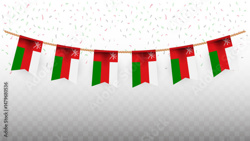 Vector illustration of the country flag of Oman with confetti on transparent background. hanging flag for Independence Day celebration