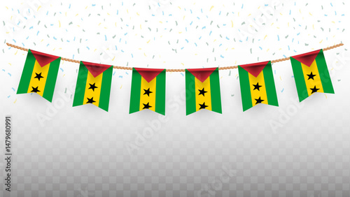 Vector illustration of the country flag of Sao Tome and Principe with confetti on transparent background. hanging flag for Independence Day celebration