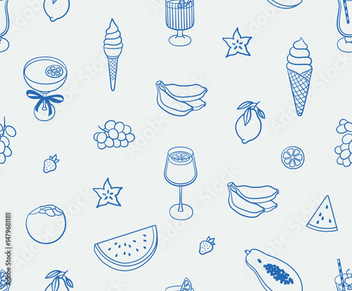 Seamless pattern of summer food illustrations. Line art, ink, minimalist style. Vector illustration. Summer collection.