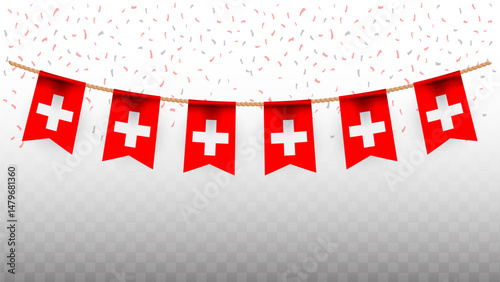 Vector illustration of the country flag of Switzerland with confetti on transparent background. hanging flag for Independence Day celebration