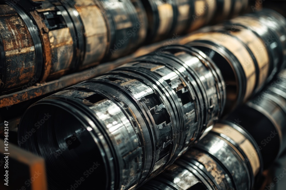 Obraz premium Metal coils stacked in factory warehouse industrial steel rolls close up perspective manufacturing raw material storage