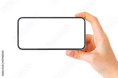 Mobile phone horizontally in hand, photo or video camera mockup