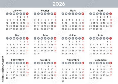 French Calendar 2026 Year mockup. Annual horizontal template with round days of the week. Modern design. Editable format. EPS10.