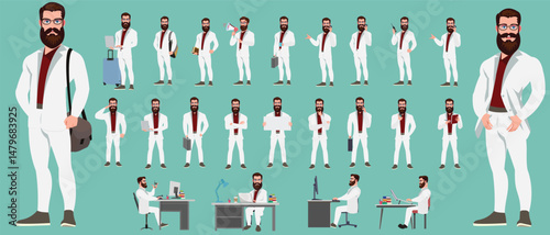 Man Character design. Front, side, back view and explainer animation poses. Character set with lip sync and facial expressions of Happy, angry, sad, Joy with Side walk cycle animation sequence sprite 