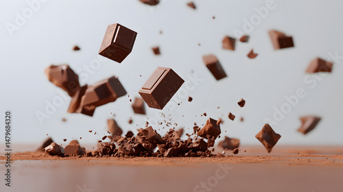 A chocolate bar is being smashed into pieces, creating a mess on the ground
