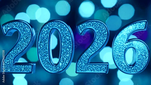 Blue shiny numbers of year 2026 on a dark glittering festive bokeh lights background. Happy New Year greeting card,4K video