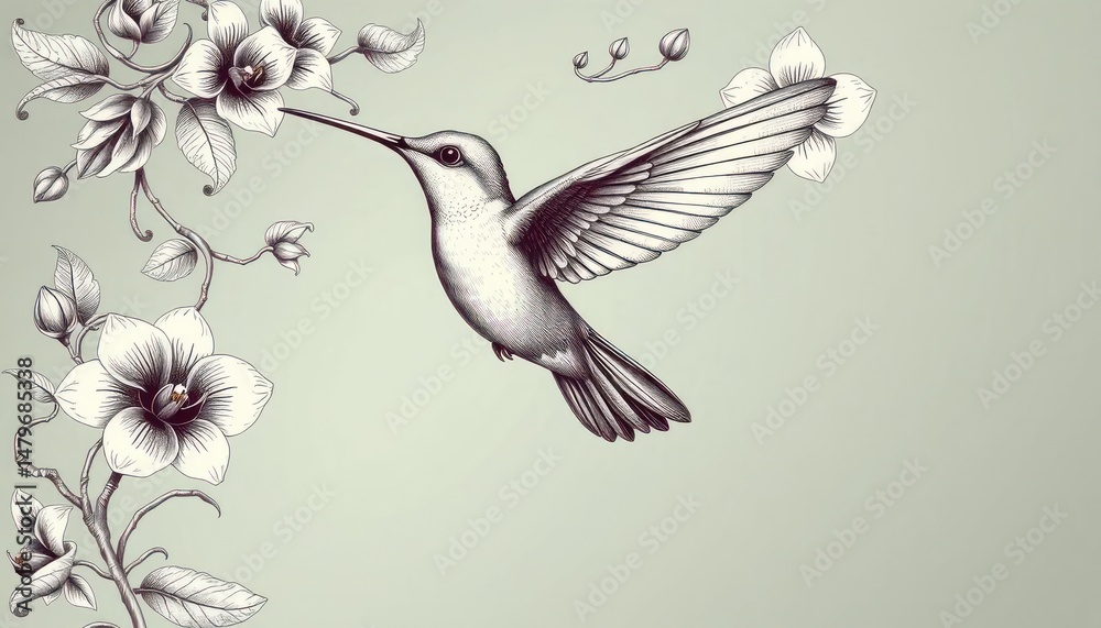 Obraz premium Elegant hummingbird illustration soaring among delicate blooming orchids