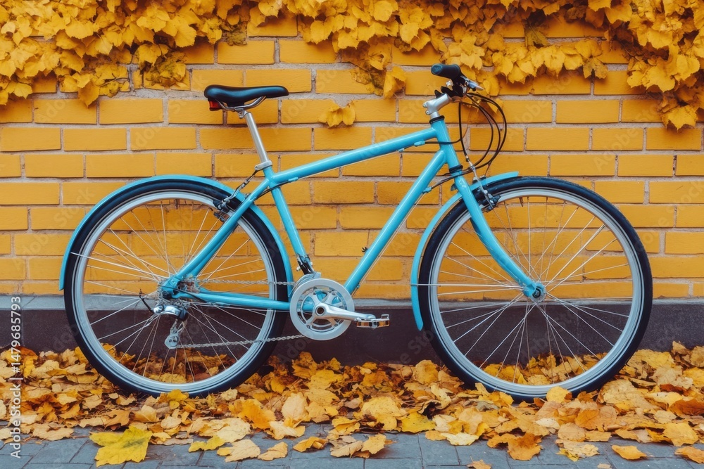 custom made wallpaper toronto digitalTurquoise bicycle parked against yellow brick wall with autumn leaves in urban setting side view seasonal transportation