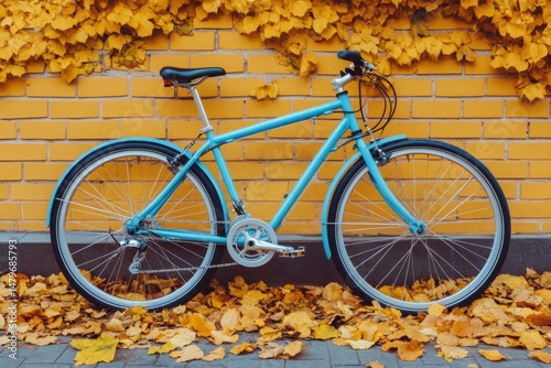 Wallpaper Mural Turquoise bicycle parked against yellow brick wall with autumn leaves in urban setting side view seasonal transportation Torontodigital.ca