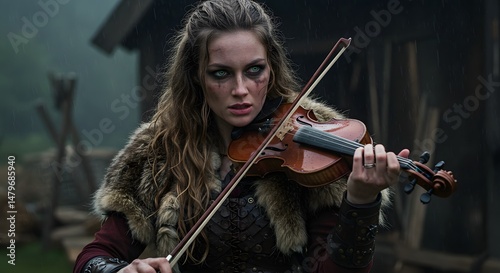 Fierce Viking Woman Playing Violin in the Rain