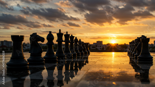Chess Pieces Facing Off at Sunset Strategic Game Concept