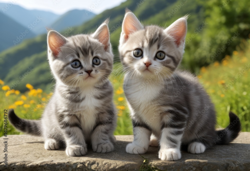 There are two kittens sitting on a rock in a field There are two kittens sitting on a rock in a field