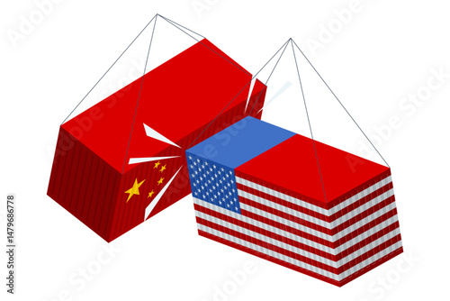 Isometric vector of USA and China cargo containers colliding mid-air, symbolizing the trade war and growing economic tensions between both nations. Import tariffs, trade war and economic conflict