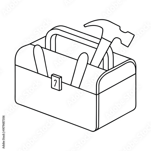 Isometric Line Drawing of a Tool Box with Hammer and Tools