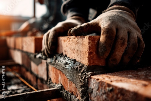 Close-up of Skilled Hands Laying Bricks for Construction Work and Building