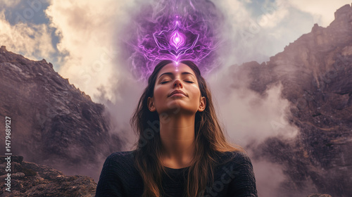 spiritual woman with purple lotus on forehead meditating in the mountain area. divine connection to the universe. purple stream of consciousness into pineal gland. crown chakra seventh chakra opening.