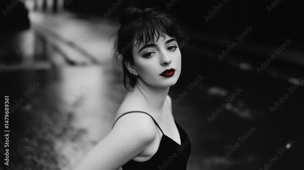 Naklejka premium Moody Black-and-White Street Portrait of a Woman