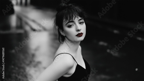 Moody Black-and-White Street Portrait of a Woman