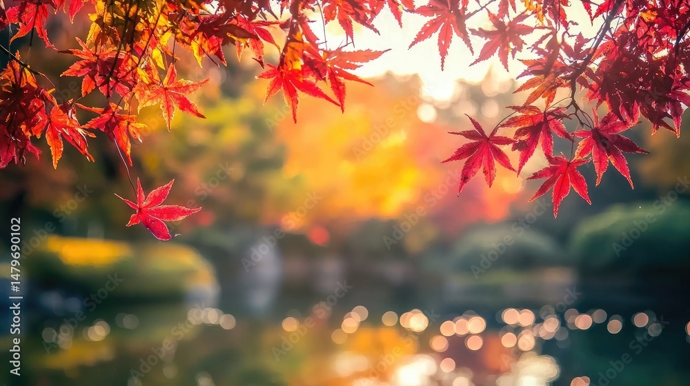 Autumn leaves frame a tranquil park scene. Autumn leaves frame a tranquil park scene.