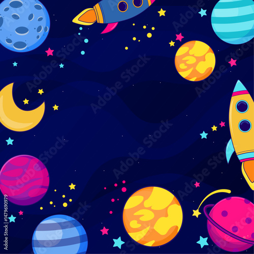 Space background banner with fantasy planets.