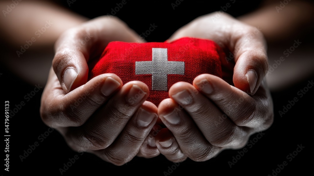 Hands Holding Red Cross Symbol Representing Support for Trauma Victims and Humanitarian Aid Efforts Hands Holding Red Cross Symbol Representing Support for Trauma Victims and Humanitarian Aid Efforts