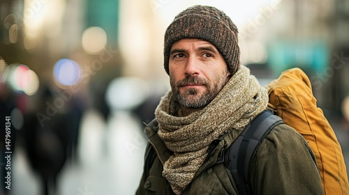 Man with beanie and scarf in an urban setting looking off to the side with a backpack on his shoulders