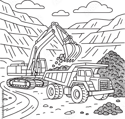 Excavator and dump truck hauling at the mine