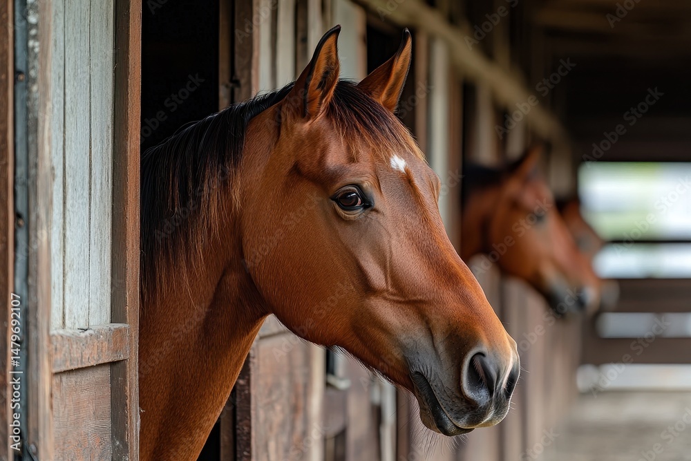 Fototapeta premium Horses In Stalls. Beautiful Bay Horses in Horse Boxes at the Stable